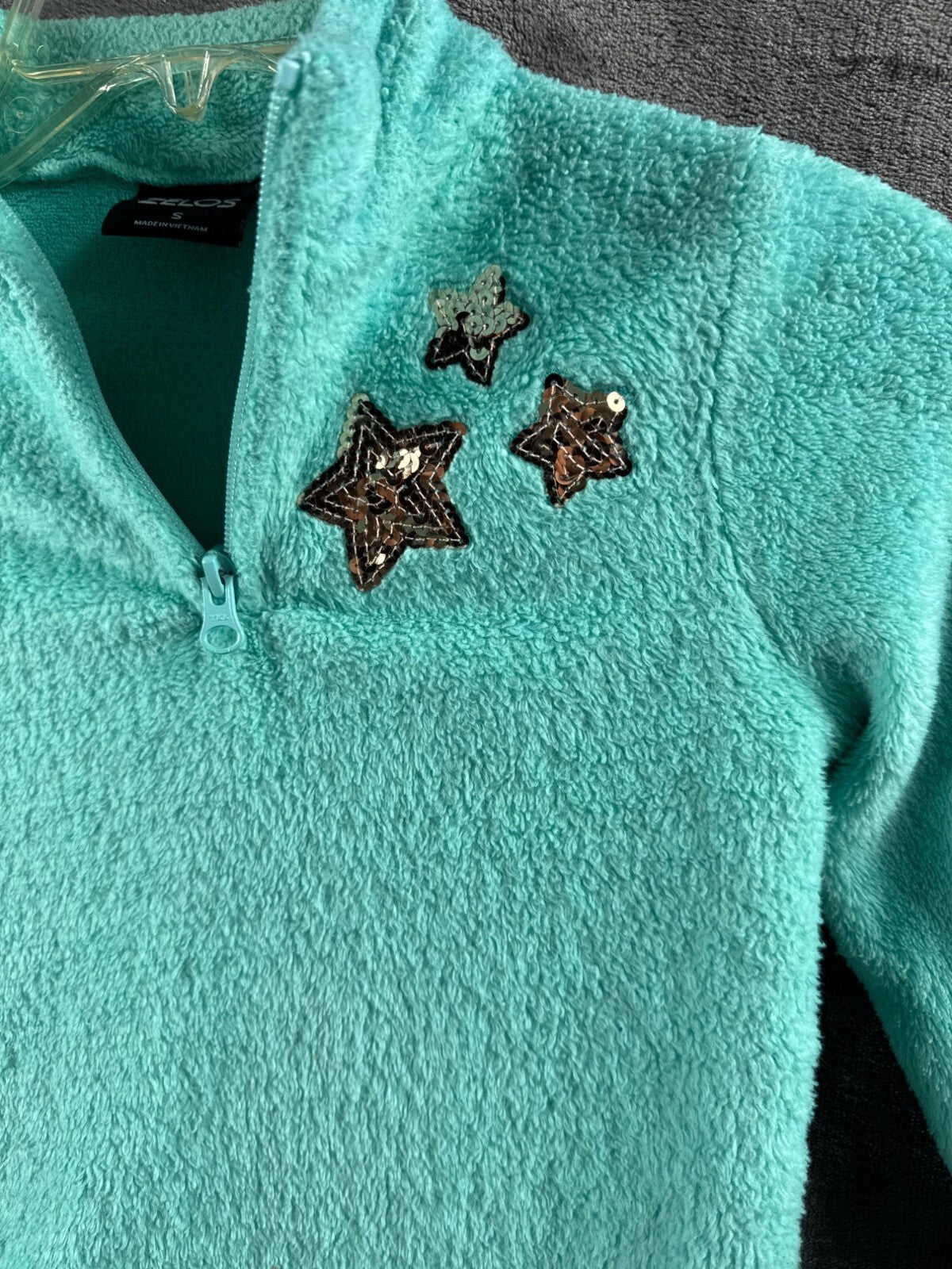 Zelos Kids Turquoise Fuzzy Pullover With Star Embroidery Cozy Half-Zip Size S