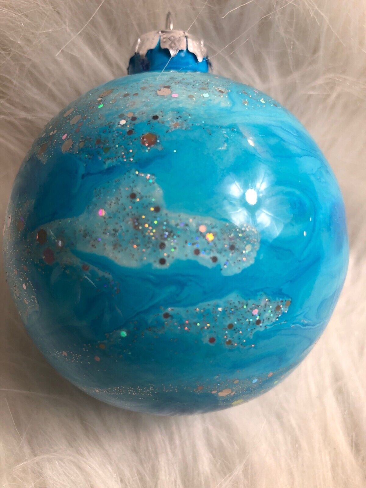 Hand-Painted Blue Christmas Ornament With Glitter Swirls