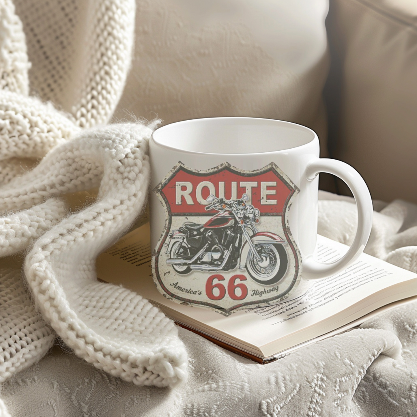 Motorcycle Enthusiast Gift, Route 66 Ceramic Coffee Mug, Americana Road Trip Decor, Personalized Mug for Bikers, Highway Travel Souvenir