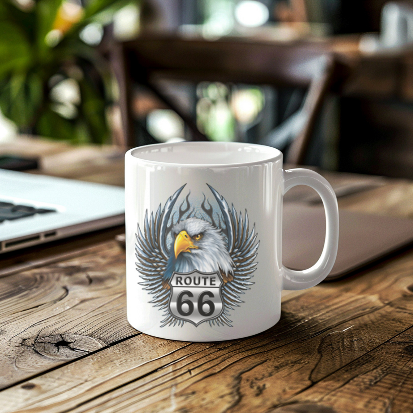 Eagle Route 66 Mug, Vintage Americana Gift, Ceramic Coffee Mug, Personalized Travel Mug, Road Trip Souvenir, 11oz 15oz