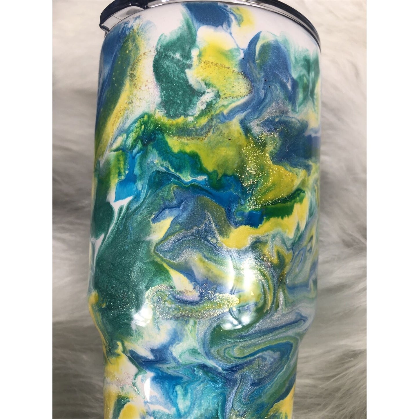 32 Ounce Tumbler Hand Painted Teal’s Blues Yellows Pearls & Glitter Lid Custom
