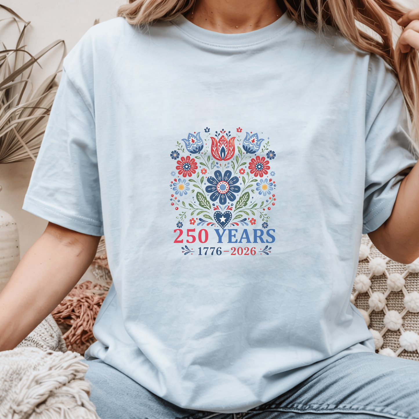 250 Years Commemorative T-Shirt, Patriotic Floral Design Tee, Anniversary Celebration Gift, Heritage Art Shirt, Customizable Apparel