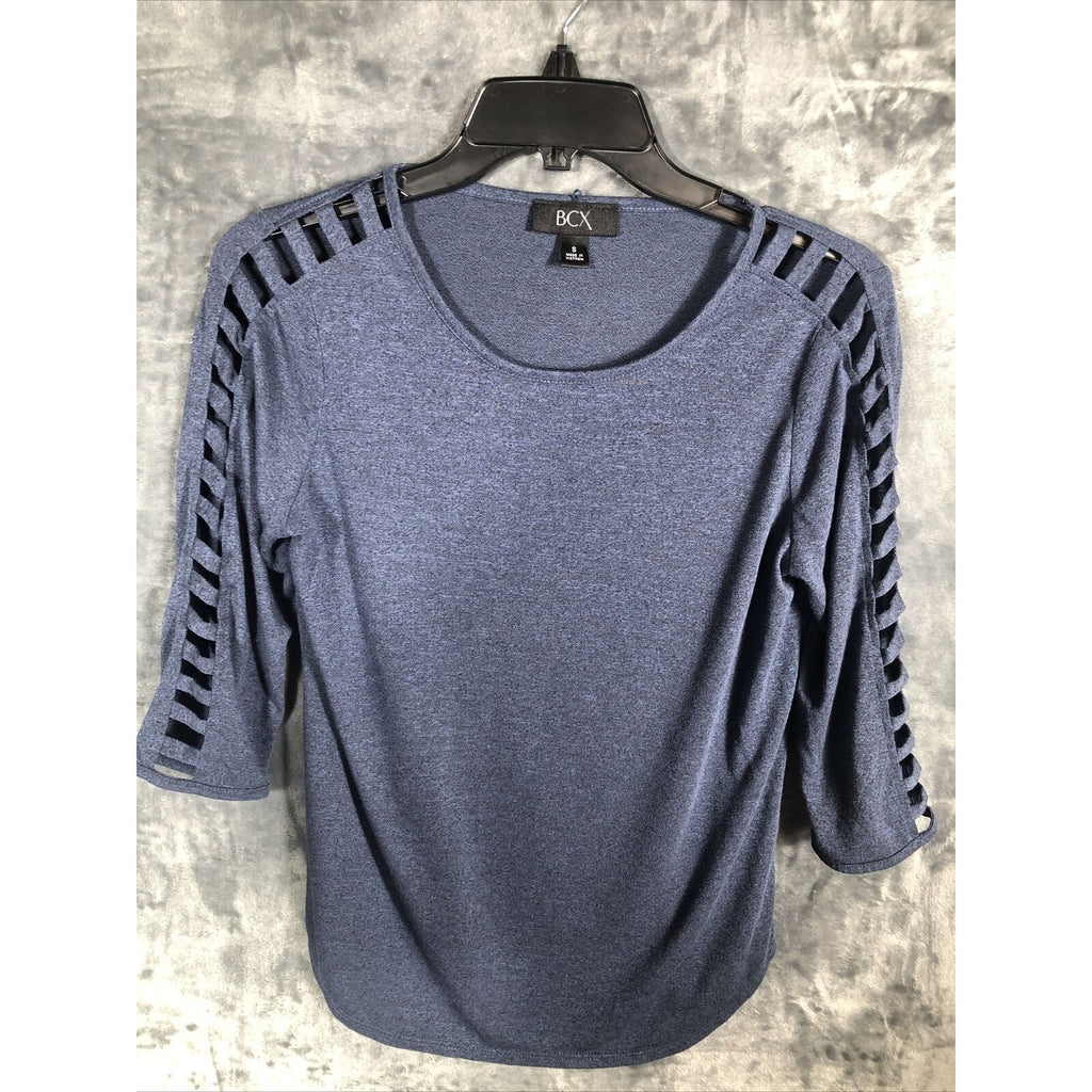 BCX Shirt Woman’s Blouse Lattice Cut Out Sleeves Size Adult Small Slate Blue