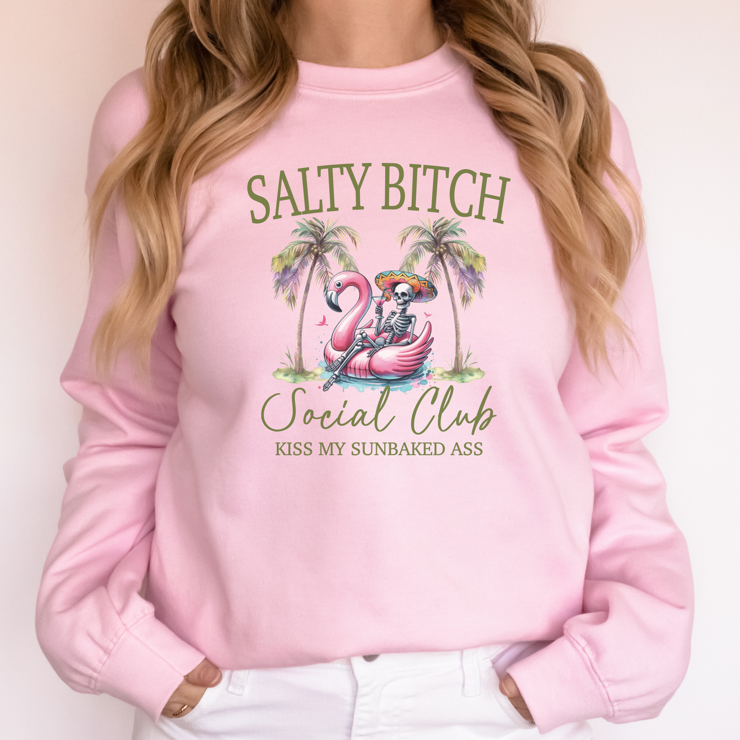 Salty **** Social Club Women’s Graphic Sweatshirt – Flamingo Palm Tree Beach Crewneck
