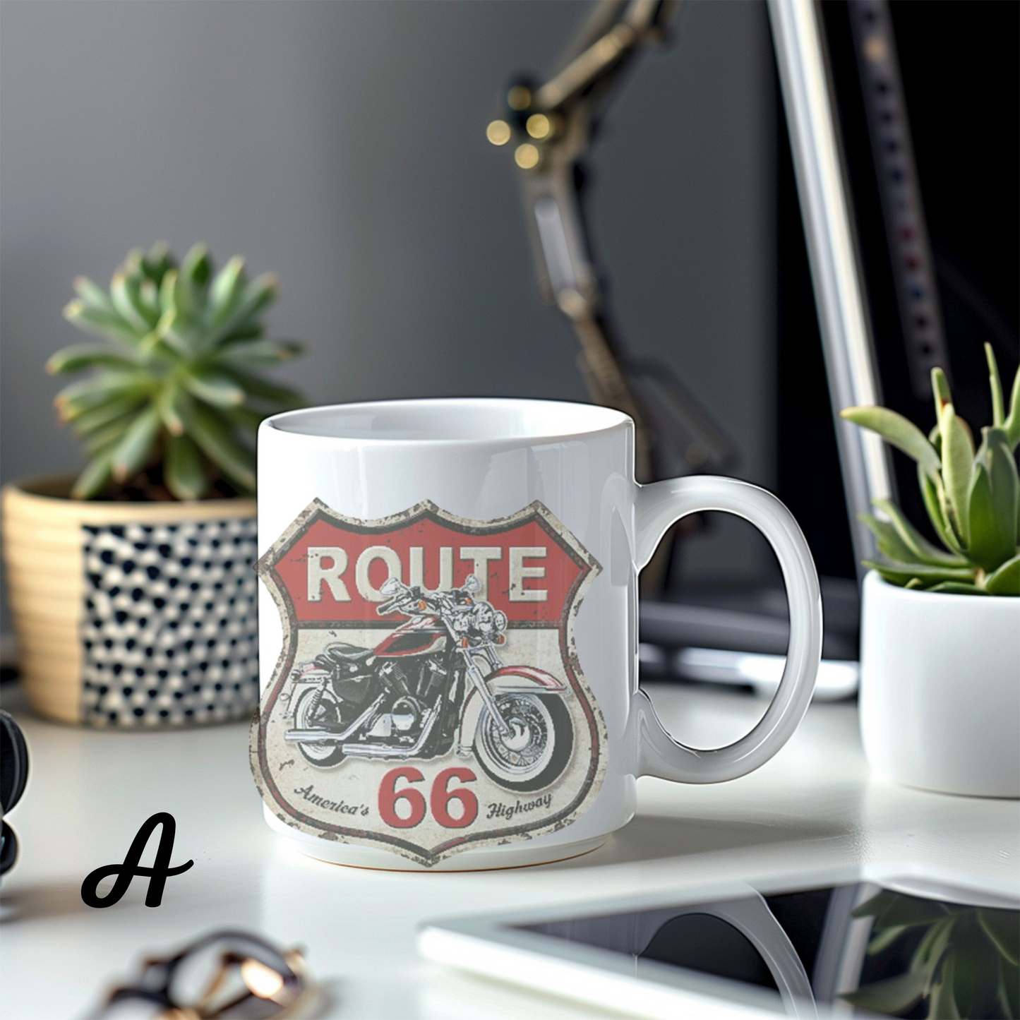 Motorcycle Enthusiast Gift, Route 66 Ceramic Coffee Mug, Americana Road Trip Decor, Personalized Mug for Bikers, Highway Travel Souvenir