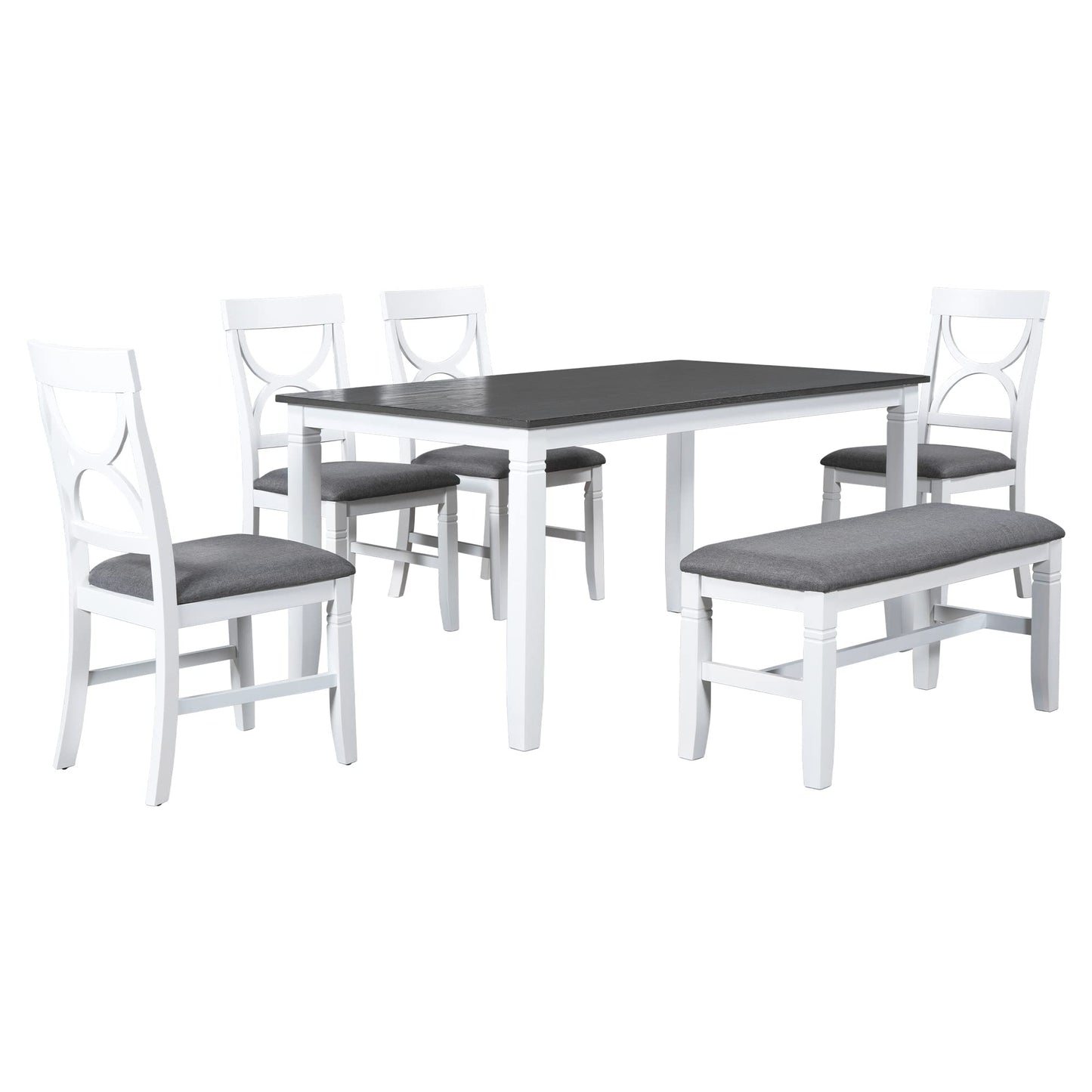 Lostcat Dining Table Set, 6-Piece Wood Kitchen Table Set with Upholstered Bench and 4 Dining Chairs, Farmhouse Style Dining Room Table Set for Kitchen, Living Room, White+Grey