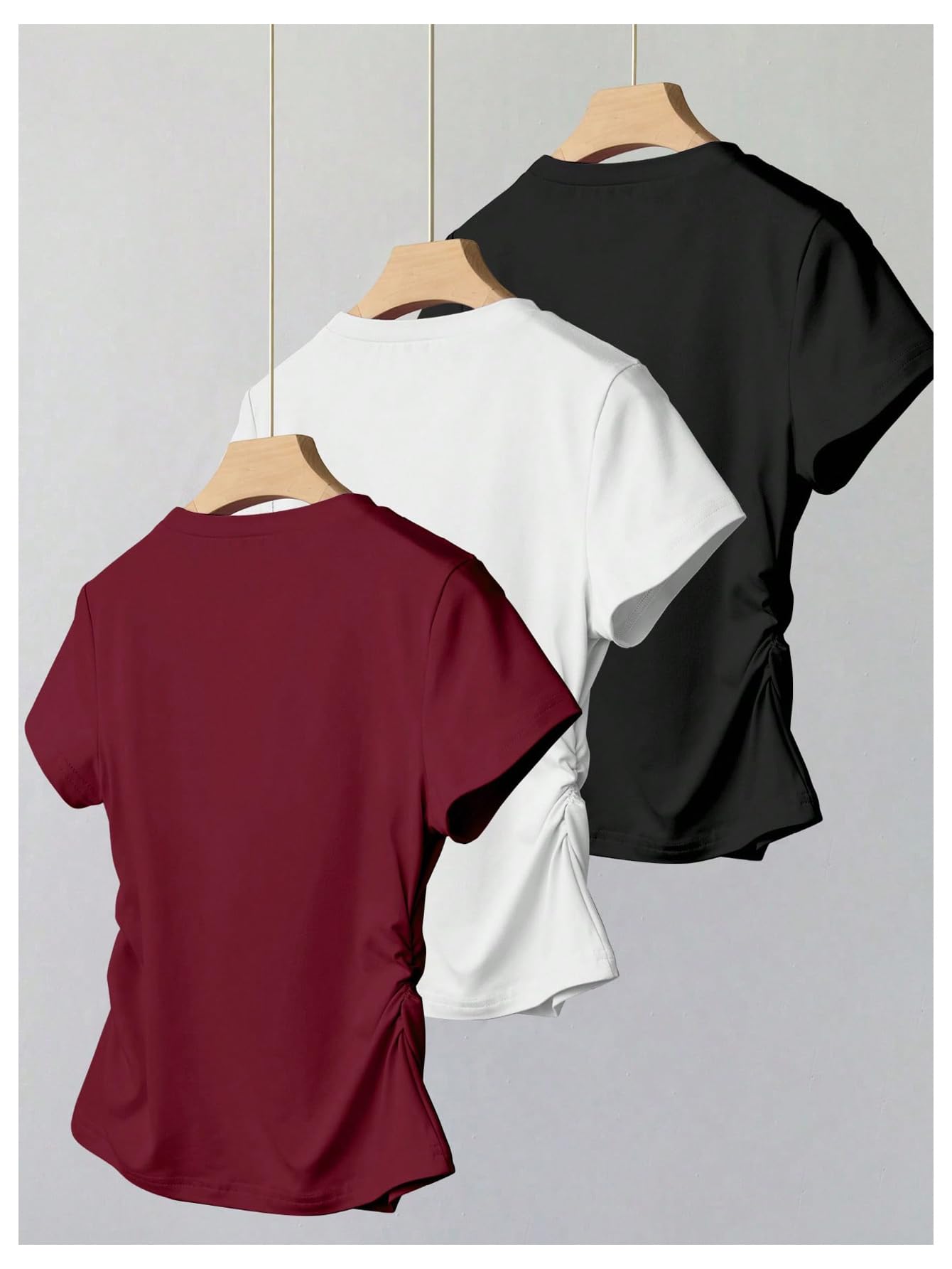 RoseSeek Girl's 3 Packs Short Sleeve Ruched T Shirt Crewneck Slim Fit Basic Tee Tops Summer Clothes Red Black White 10Y