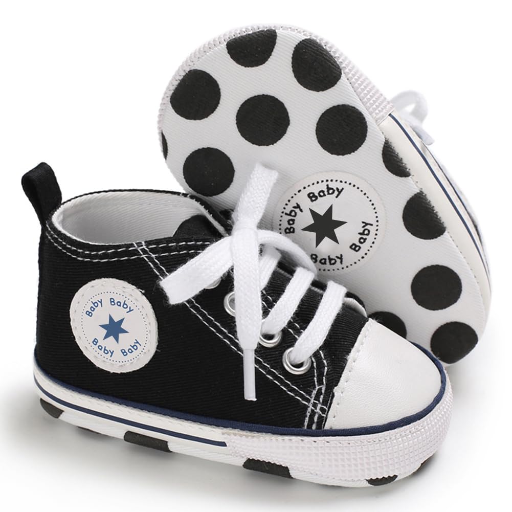 xioqen Unisex Baby Boys Girls Shoes, Newborn Infant Non-Slip Canvas Denim High Top Sneakers, Toddler First Walkers Shoes(01/Black, 0-6 Months