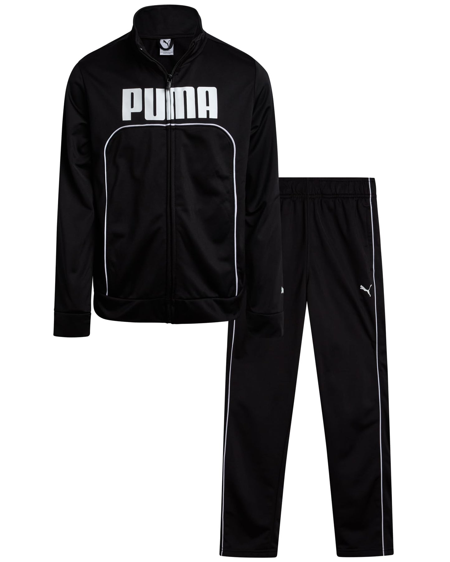 PUMA Boys Pants Set - 2 Piece Tricot Athletic Zip Up Jacket Sweatshirt and Active Jogger Pants - Boys Activewear Set (8-16), Size 10-12, Black/White Logo
