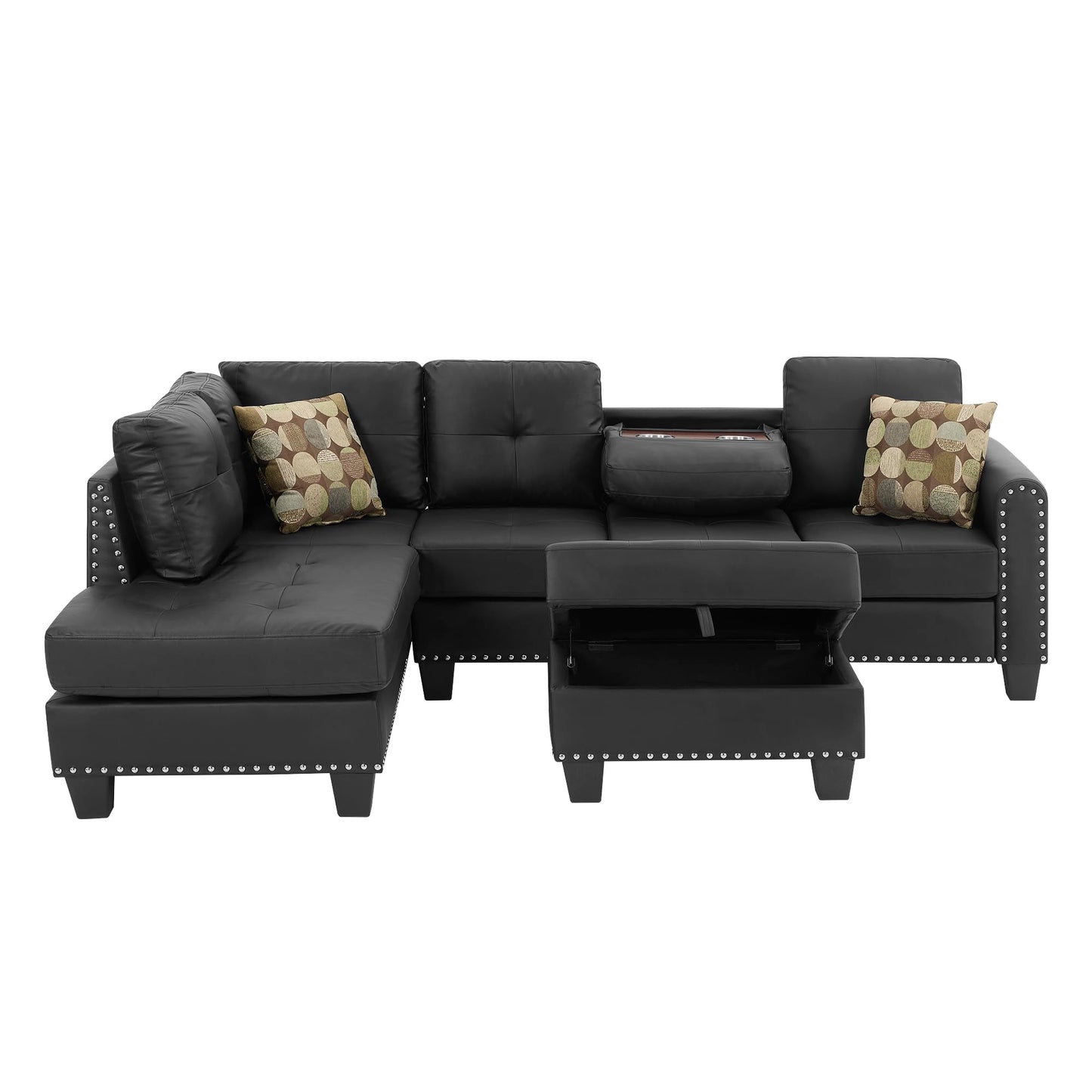 HBRR 3-Piece Sectional Couch Set L Shape 98" Wide Sofa for Living 2 Cup Holders and Storage Ottoman for Home Furniture Room Decor, Black