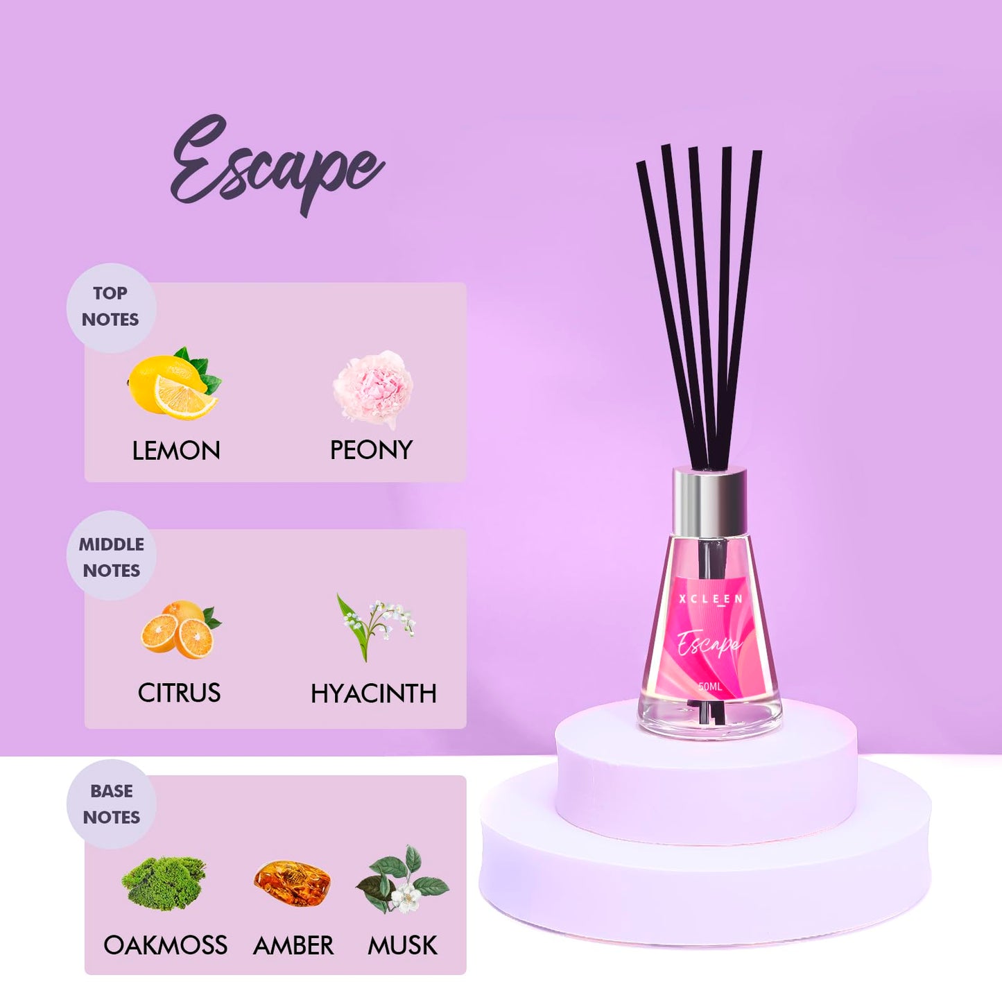 Xcleen 3 Pack Reed Diffuser, Scented Oil Diffuser with 15 Sticks, Escape/Vanilla/Moroccan Amber, Air Freshener for Bathroom & Office, Holiday Home Fragrance, Gift idea, Each 1.7Fl Oz, Total 5.1Oz
