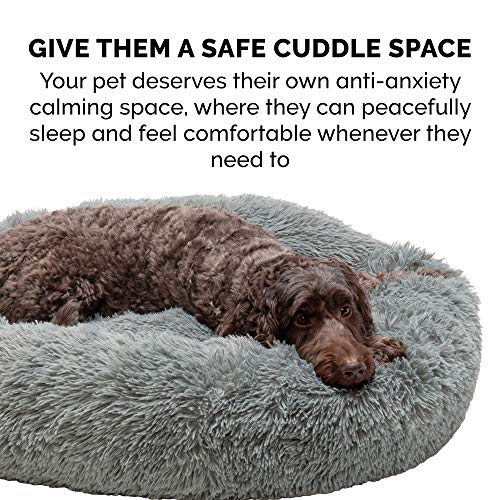 Furhaven 36" Round Calming Donut Dog Bed for Large/Medium Dogs, Refillable w/ Removable Washable Cover, For Dogs Up to 75 lbs - Shaggy Plush Long Faux Fur Donut Bed - Gray, Large