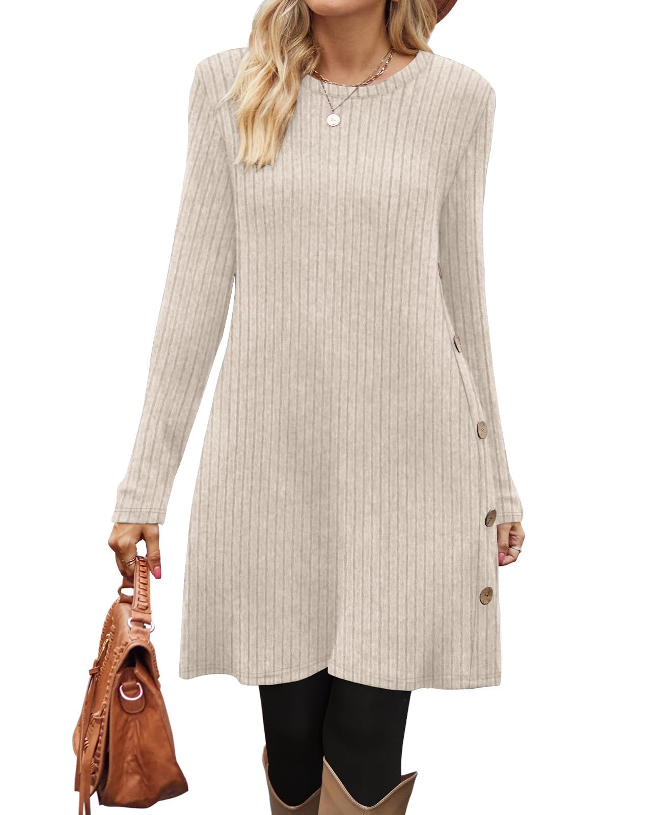 OFEEFAN Fall Dresses for Women 2025 Tunic Sweater Trendy Long Sleeve Shirts Winter Clothing Fashion Teacher Shirts Dressy Casual Side Buttons Side White L
