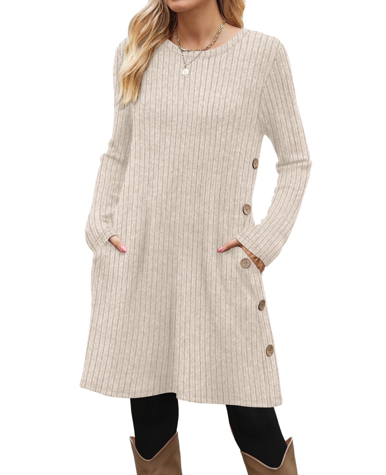 OFEEFAN Fall Dresses for Women 2025 Tunic Sweater Trendy Long Sleeve Shirts Winter Clothing Fashion Teacher Shirts Dressy Casual Side Buttons Side White L