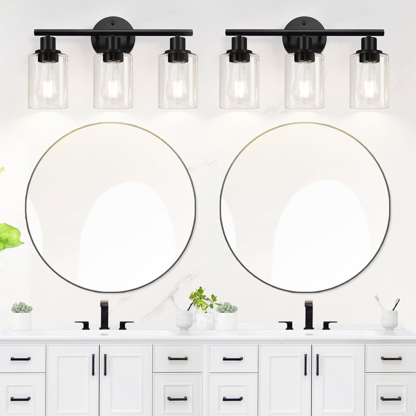 Zarbitta 3-Light Bathroom Light Fixtures, Black Modern Vanity Lights with Clear Glass Shade, Bathroom Wall Lamp for Mirror Kitchen Living Room Hallway Cabinet Porch