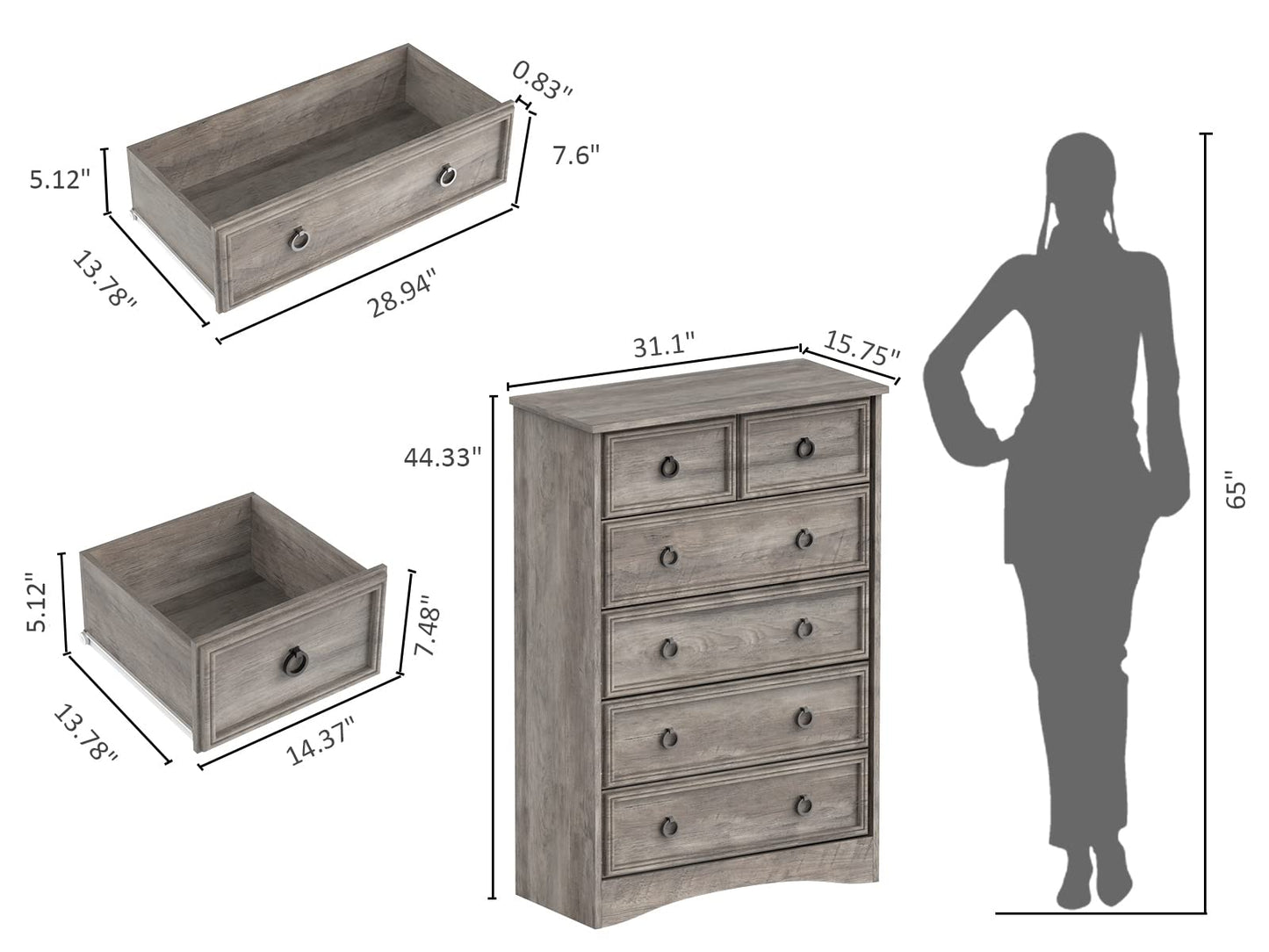 LGHM Modern Dressers for Bedroom with 6 Drawers, 6 Drawer Dresser, 44.33" Tall Chest of Drawers Closet Organizers & Storage Clothes - Easy Pull Handle, Textured Borders for Living Room, Hallway, Gray