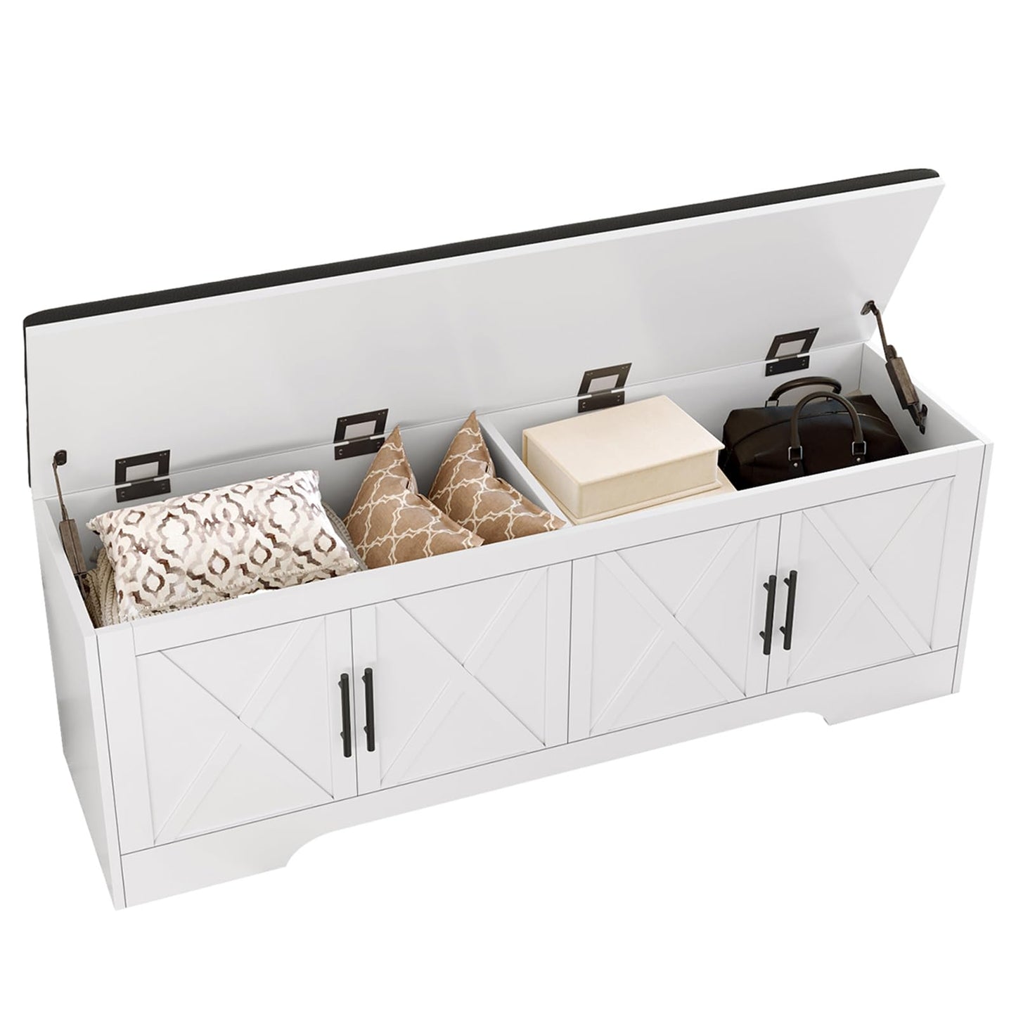 DreamDashio Farmhouse Storage Bench with Lift Top Storage, 47.2" Entryway Bench with Cushioned Seat, End of Bed Bench, Wooden Storage Chest Trunks, for Entryway, Bedroom, Living Room,White