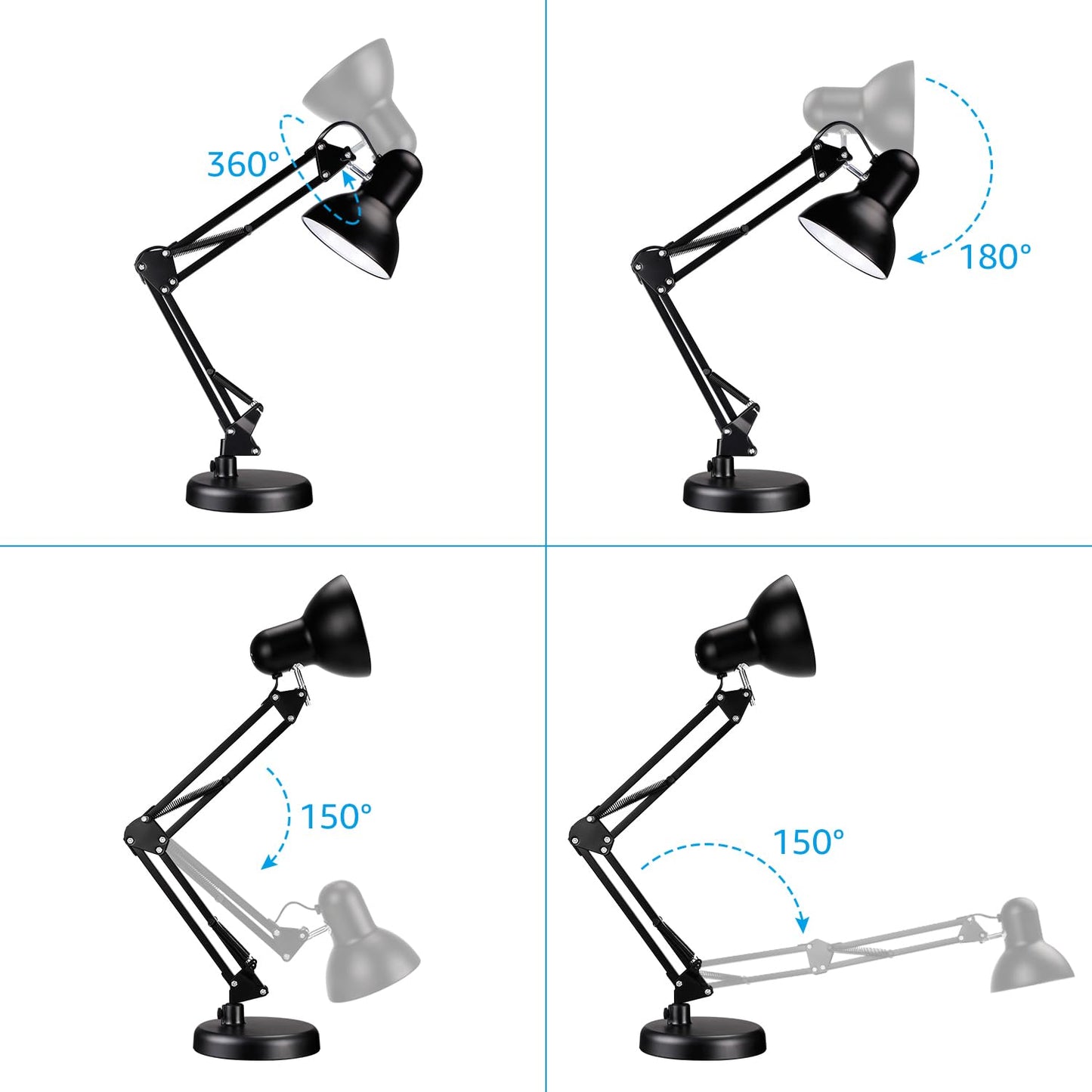 TORCHSTAR Metal Desk Lamp with Clamp, Swing Arm , Architect Adjustable Gooseneck Table Lamp, Clip Desk Lights for Home Office, Work, Study, Reading, E26 Base, Multi-Joint, Black