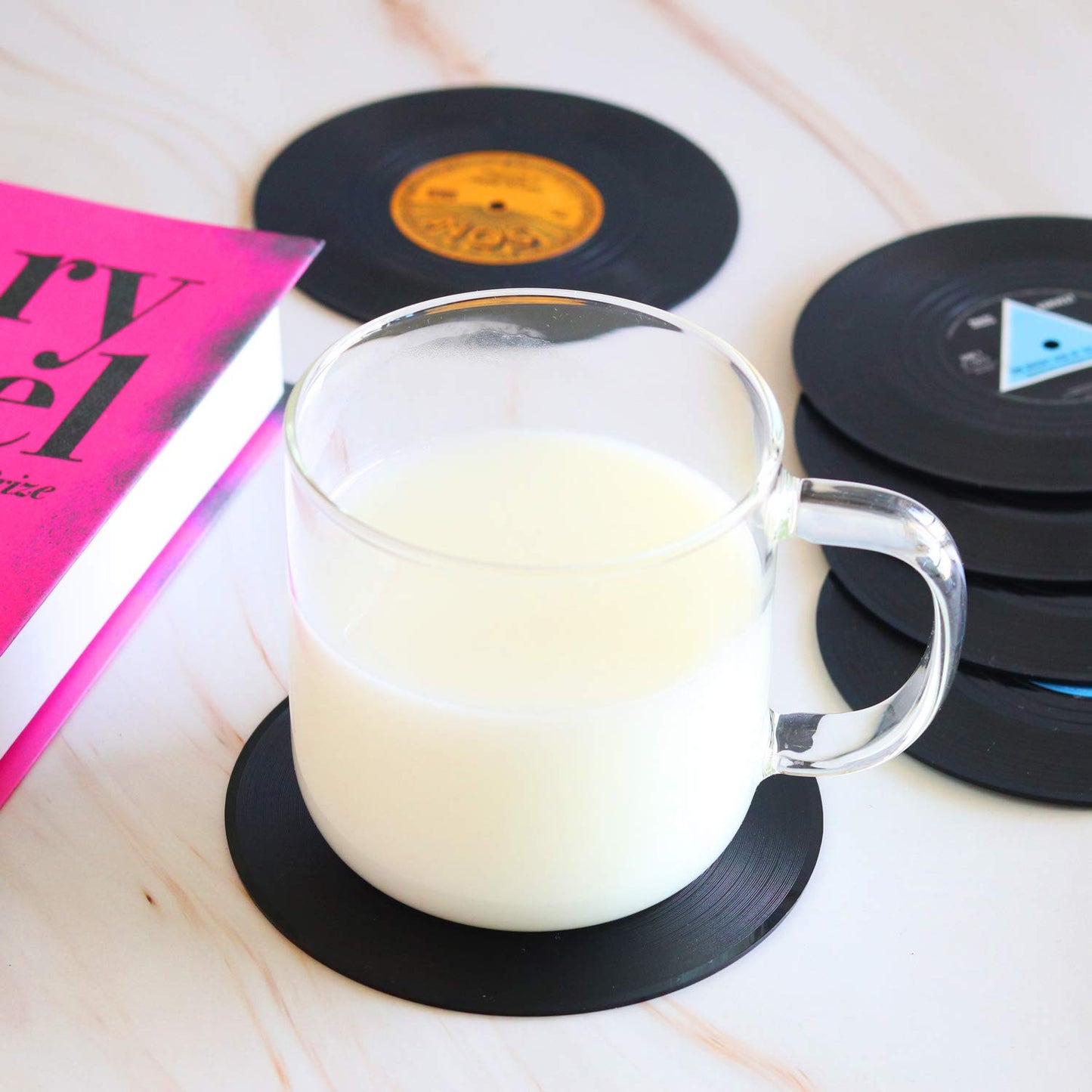 Funny Retro Record Coasters for Drinks with Vinyl Player Holder for Music Lovers,Set of 6 Conversation Piece Sayings Drink Coaster,Housewarming Hostess Wedding Registry Gift Ideas