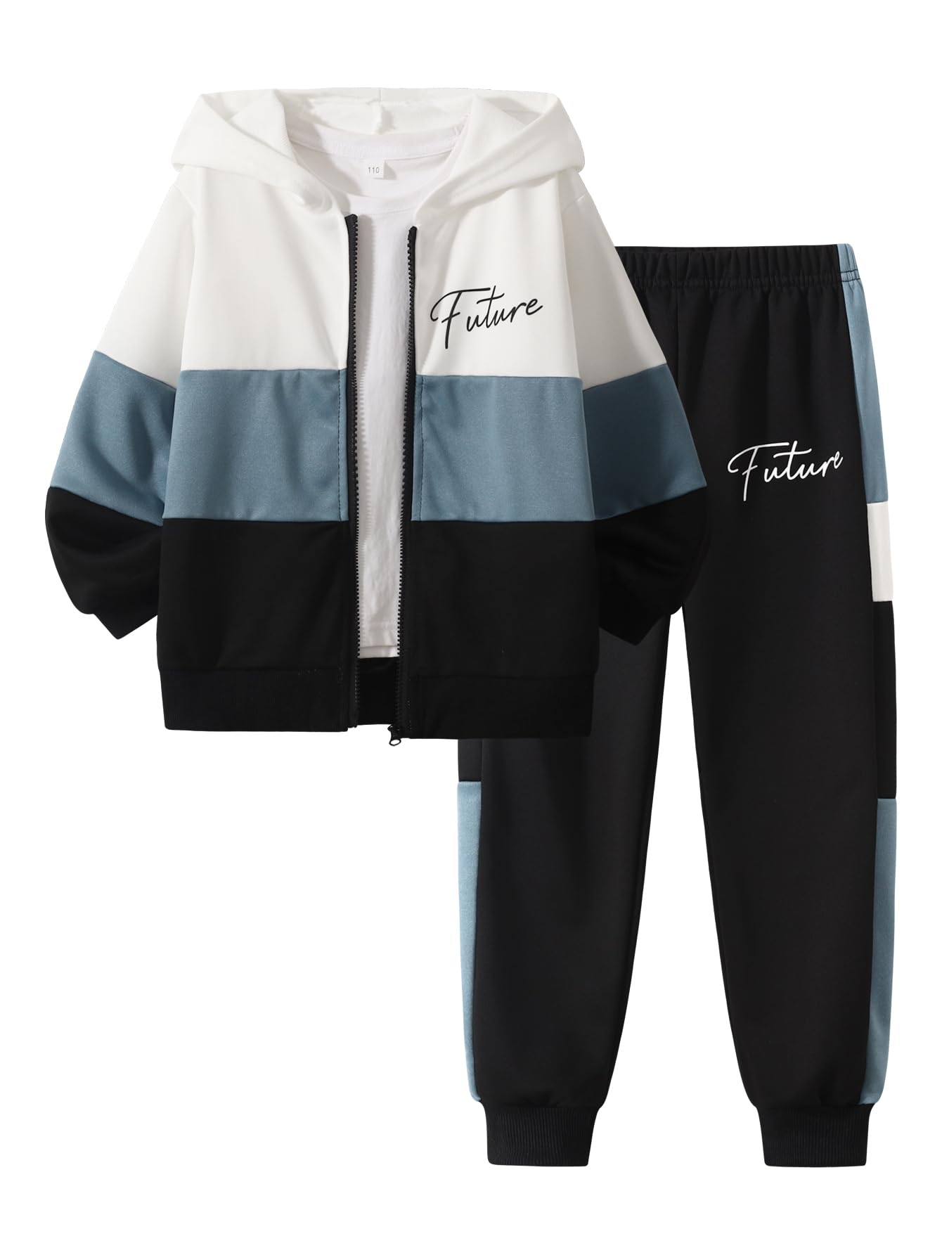 Fdqin Boy's 2 Piece Outfits Long Sleeve Hooded Zip Up Tops and Sweat Pants Fall Winter Set Black White 4-5Years
