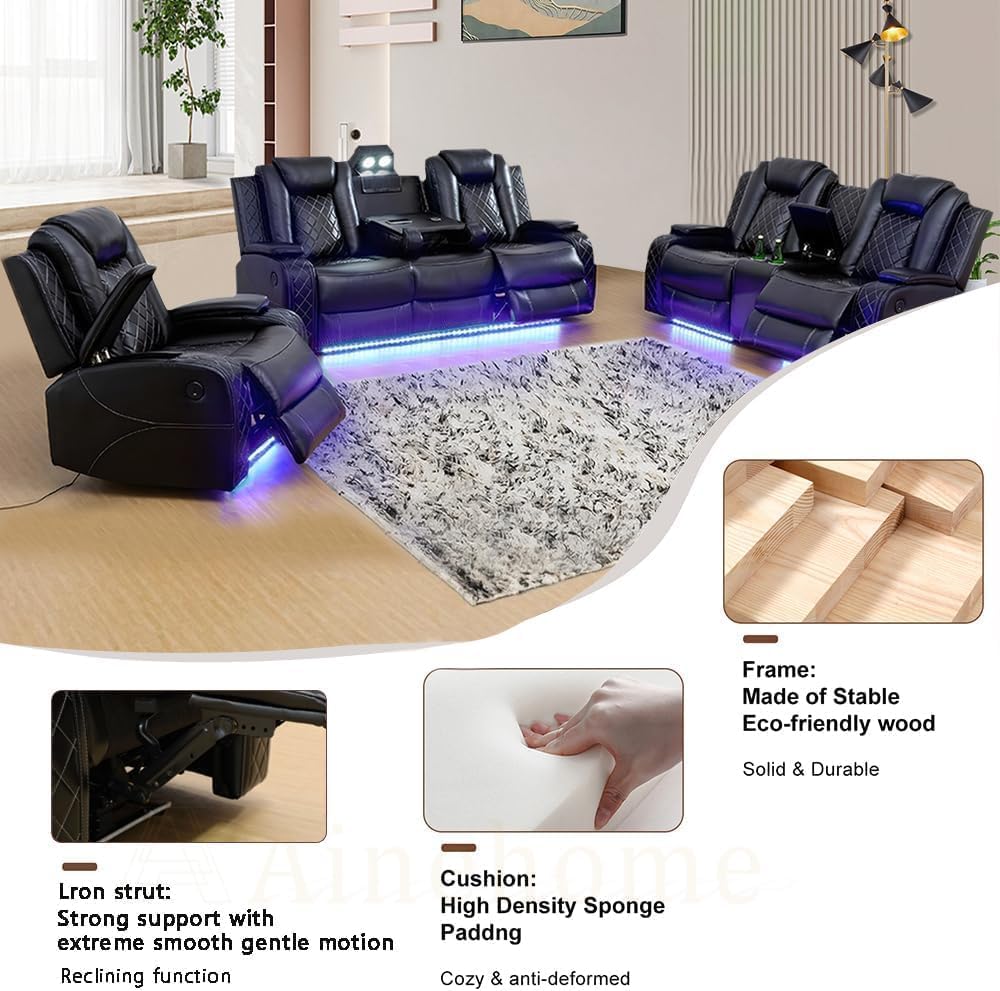 AYCP Multifunction Power Recliner Couch Set with LED Light, Storage Console, Cup Holders, USB Charging Port (3Piece, Black)