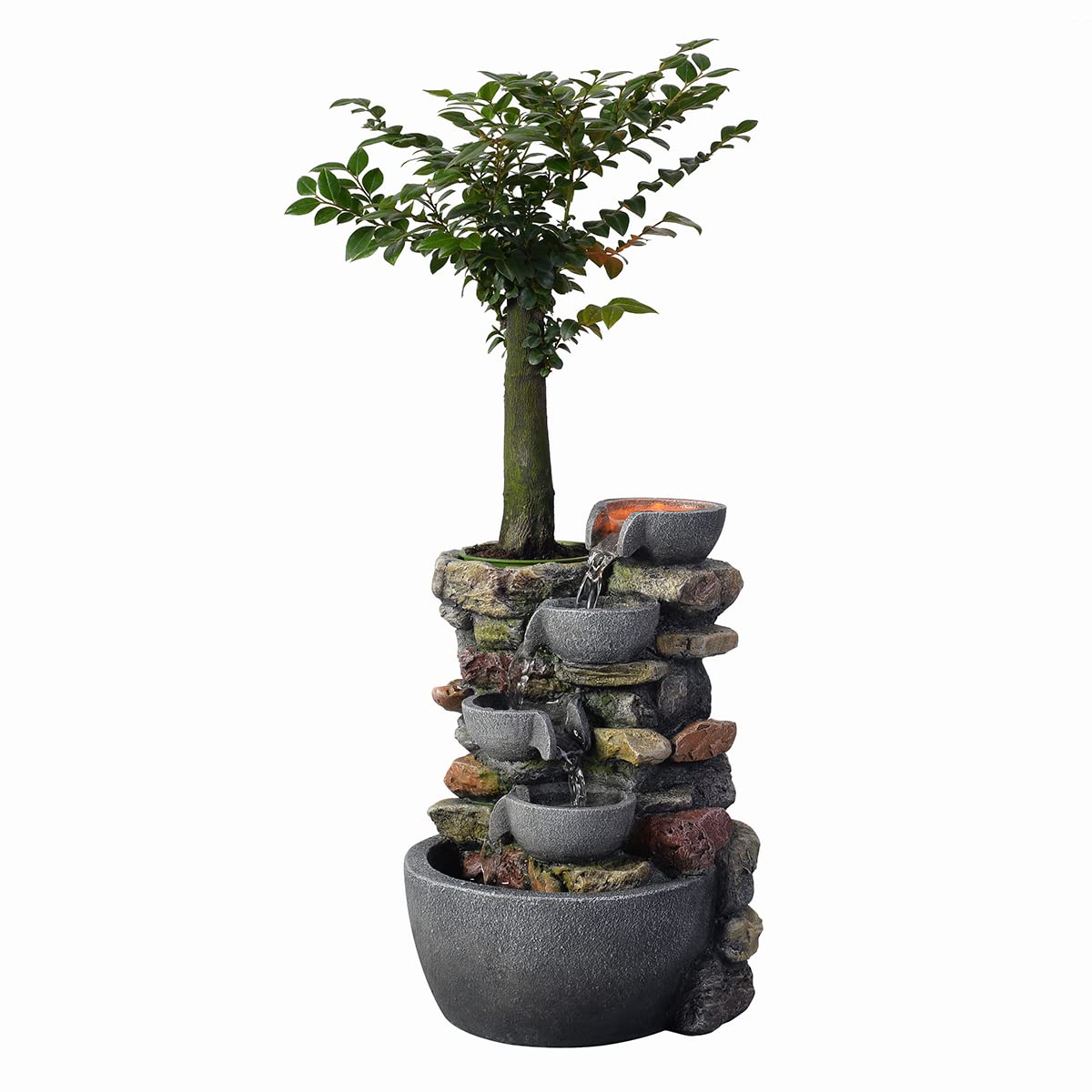 Haobos Indoor Fountain 4-Bowl Rockery Soothing Sound Tabletop Fountains Home/Office Decor Gift for Mom with A Small Plastic Pot to Grow Plant/Hebs by Yourself (Automatic Watering for Tanks/Aquarium)