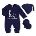 GRNSHTS Newborn Baby Boy Romper Coming Home Outfits Letter Print Bodysuit Jumpsuit+Hat+Gloves 3PCS Clothes Set (A-Navy Blue, Newborn)