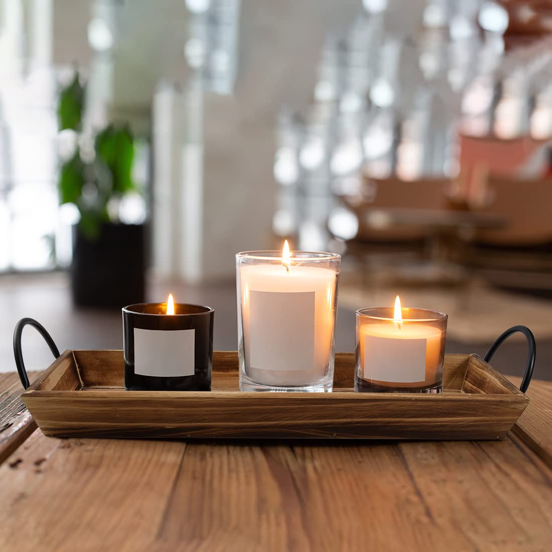 Aglary Wooden Candle Tray, Pillar Candle Holder with Black Metal Handles, Rectangular Centerpiece for Rustic Dining Table,Home Decor Accessories for Kitchen Counter，Coffee Table, Fireplace