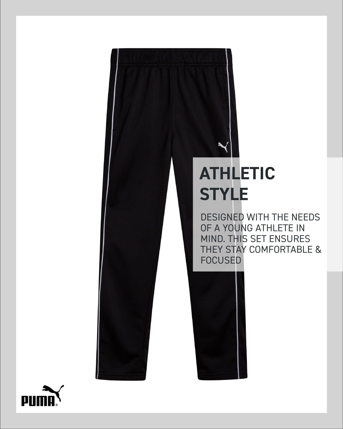 PUMA Boys Pants Set - 2 Piece Tricot Athletic Zip Up Jacket Sweatshirt and Active Jogger Pants - Boys Activewear Set (8-16), Size 10-12, Black/White Logo