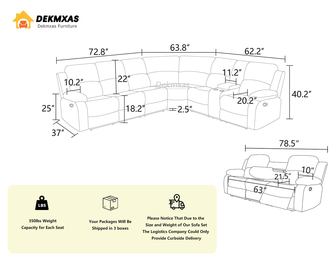 Dekmxas Living Room Furniture Sets, Recliner Sectional Sofa with Cup Holders, Grey Corduroy Reclining Sectional Sofa Set with Drop-Down Table, Storage Console for Living Room, Bedroom, Apartment