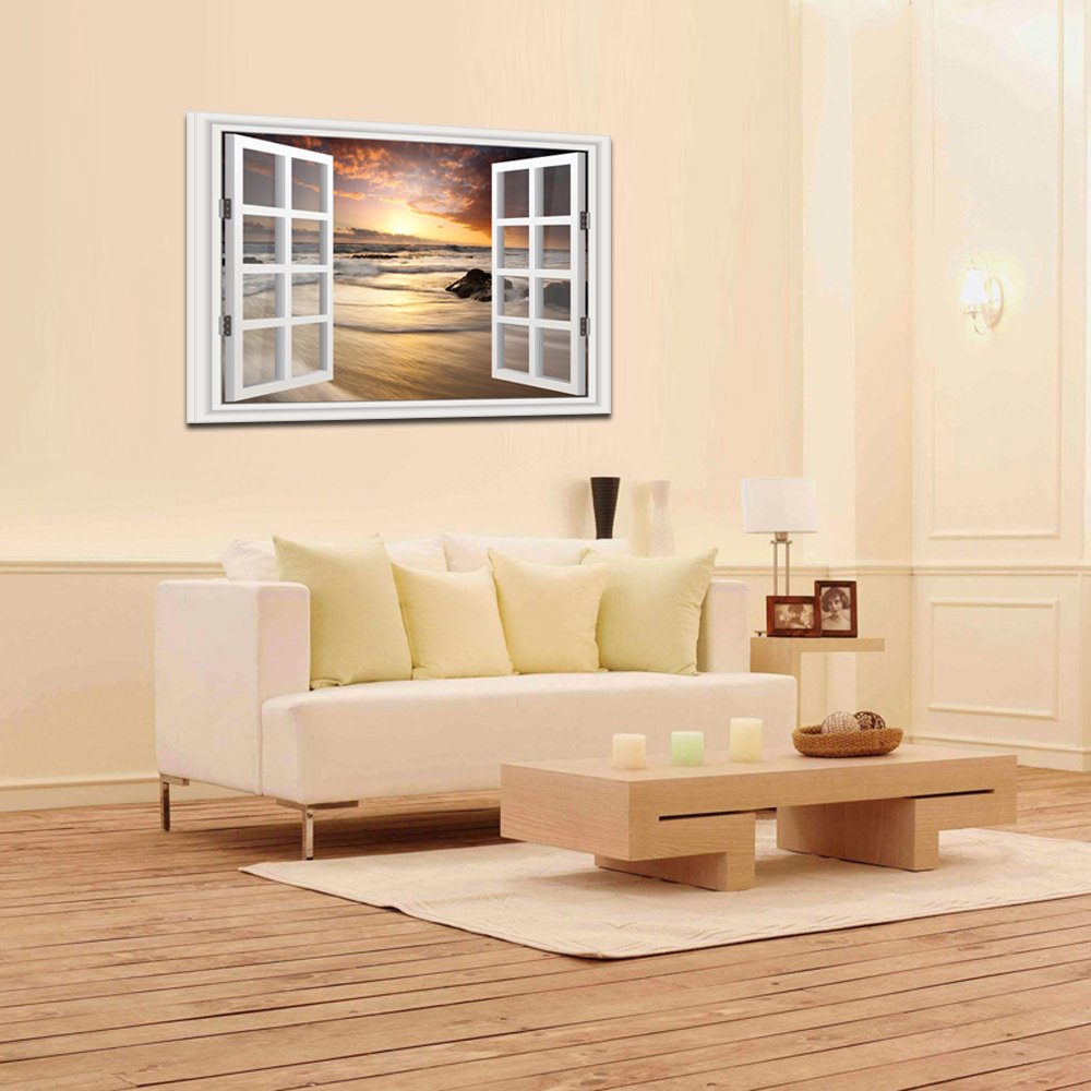 KREATIVE ARTS - Canvas Print Wall Art Window Frame Style Landscape Picture Wall Decor Stretched Giclee Print Gallery Wrap Modern for Home Decoration Ready to Hang (24''x36'', 10.Sunrise on the Sea)