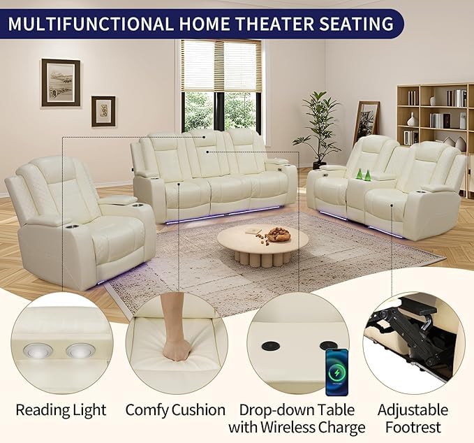 AYCP Furniture Power Recliner Set with LED Lights, Quilted Air Leather Reclining Set with USB Port/Storage/Cup Holder/Reader Light for House/Home Theater/Apt/Rv/Office (Ivory, 3PC Full Set)