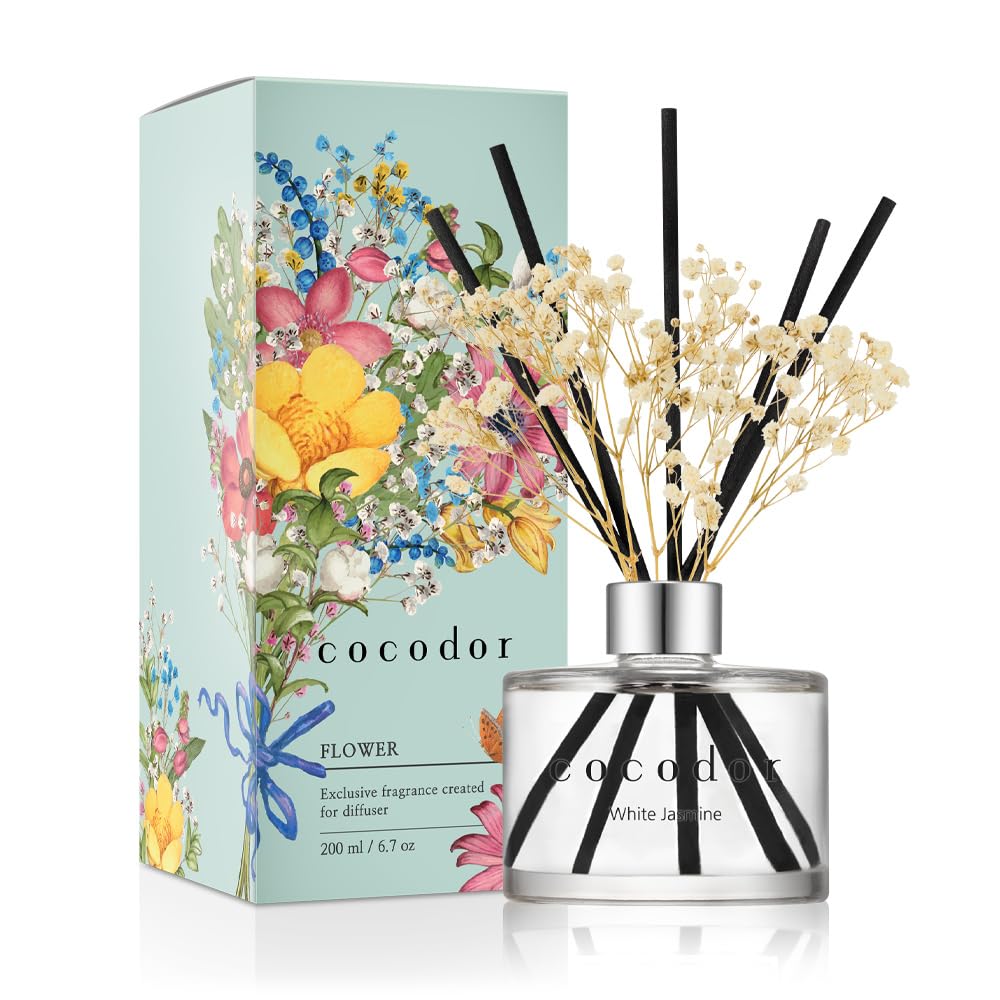 COCODOR Preserved Flower Reed Diffuser/White Jasmine/6.7oz(200ml)/1 Pack/Home & Office Decor Aromatherapy Diffuser Oil Gift Set