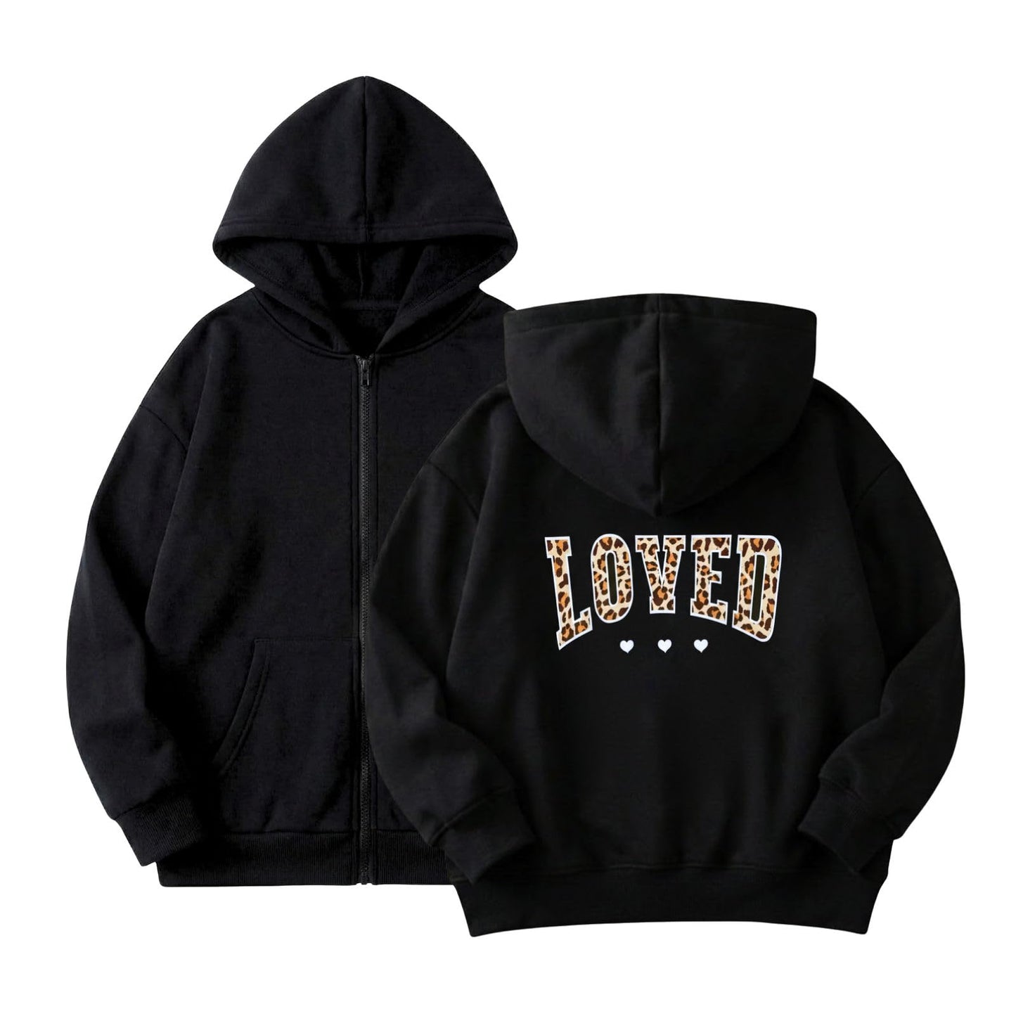 WELAKEN Girls' Zip-Up Hoodie – Cotton Leopard Loved Sweatshirt with Pockets for Kids & Teens