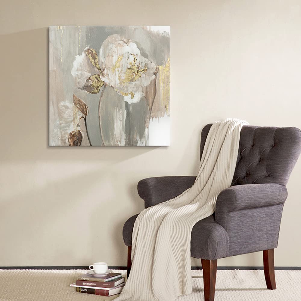 Goldfoilart Floral Wall Art Gold Pictures of White Flower Canvas with Gold Foil Embellishment Paintings Textured Poster Framed Artwork for Living Room Bedroom Office Decorations 24" x 24"