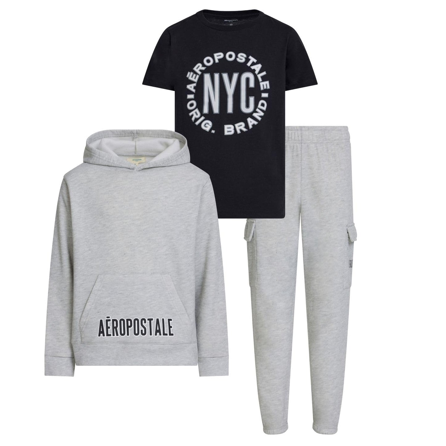 AEROPOSTALE Boys 3 Piece Outfit Set - Fleece Pullover Hoodie, Cargo Sweatpants, T-Shirt, Boys Activewear Set, Sizes 4-36 Grey