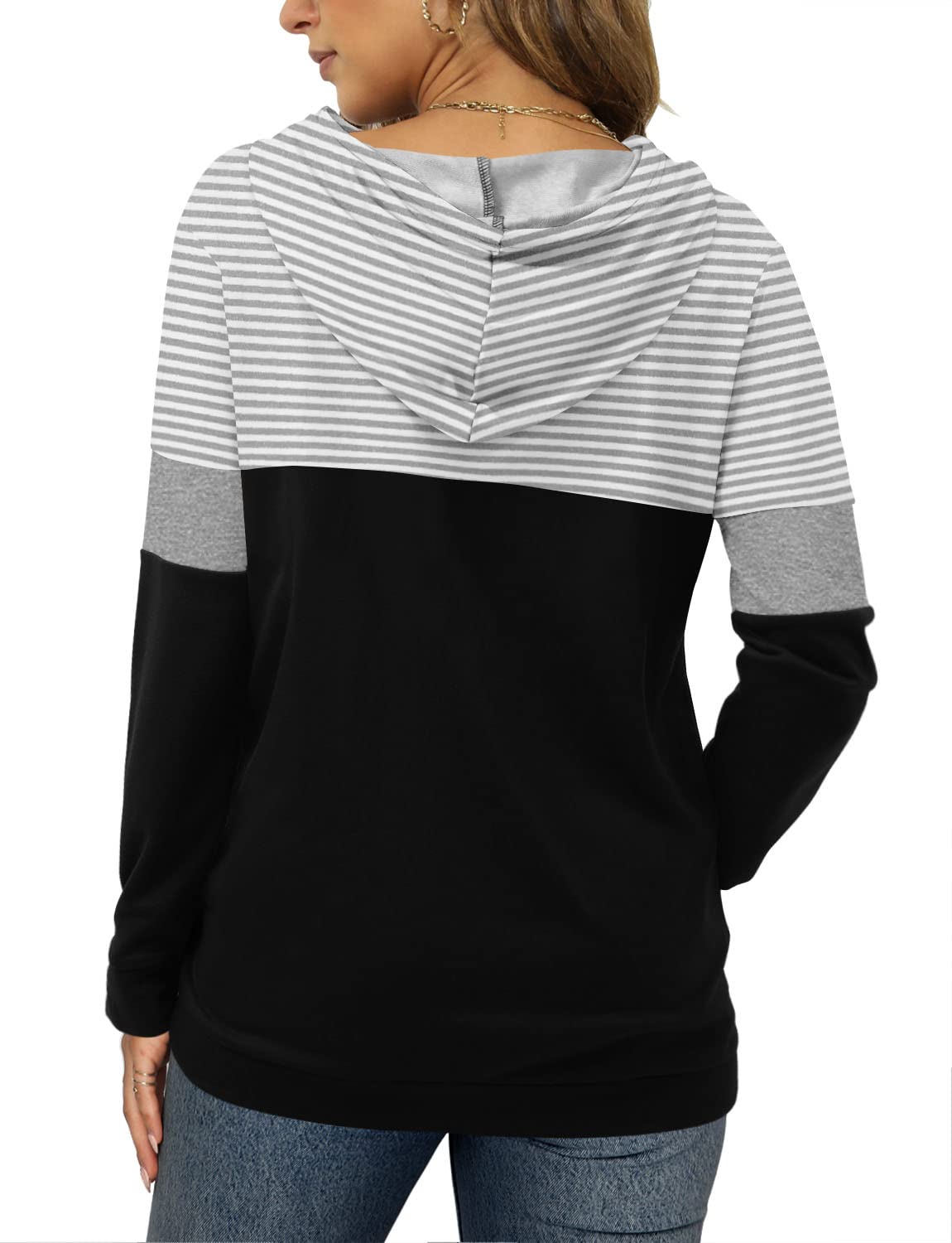 Angerella Women's Color Block Hoodies Fall Long Sleeve Sweatshirt Casual Drawstring Pullover Tops Striped Shirts Black L