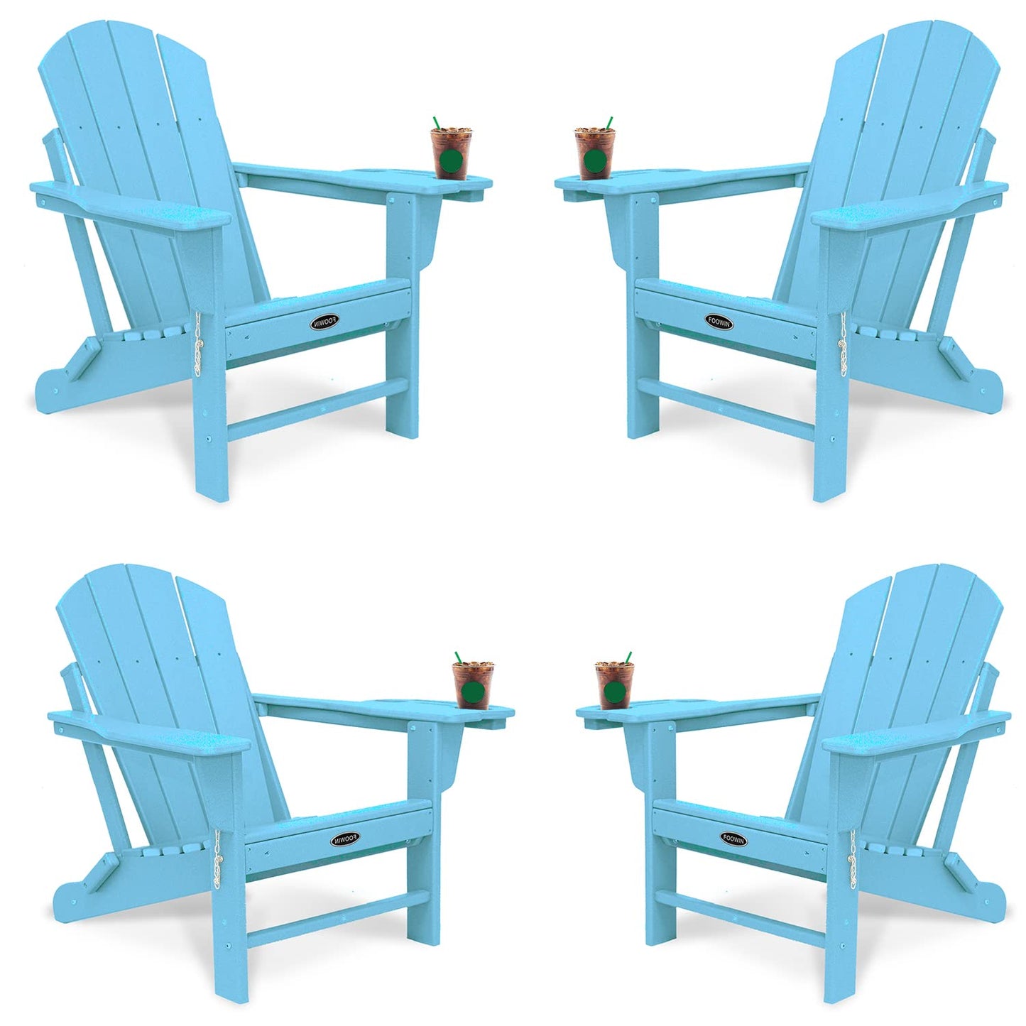 FOOWIN HDPE Folding Adirondack Chair Set of 4, All-Weather Resistant Adirondack Chair w/4 in 1 Cup Holder Trays, Adirondack Chairs for Outdoor, Patio, Lawn, Garden, Backyard Deck
