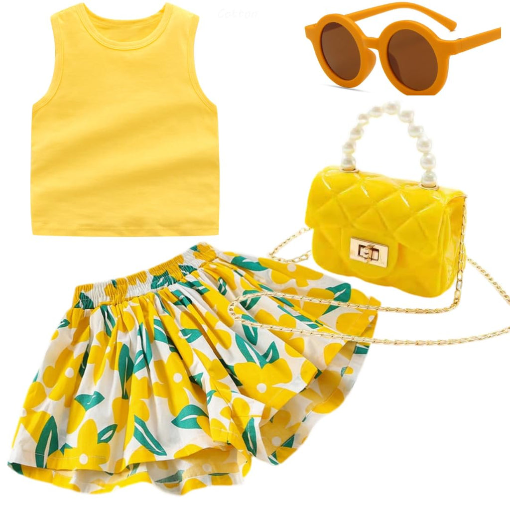 Deerhobbes Design your own Girls' Short Sets - Trendy Summer Outfits for Girls Fashionable Clothing Sets 4pc (yellow, 4-5 years old) 110