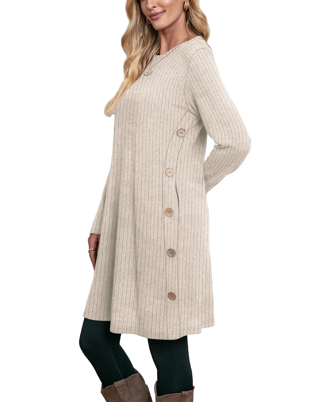 OFEEFAN Fall Dresses for Women 2025 Tunic Sweater Trendy Long Sleeve Shirts Winter Clothing Fashion Teacher Shirts Dressy Casual Side Buttons Side White L