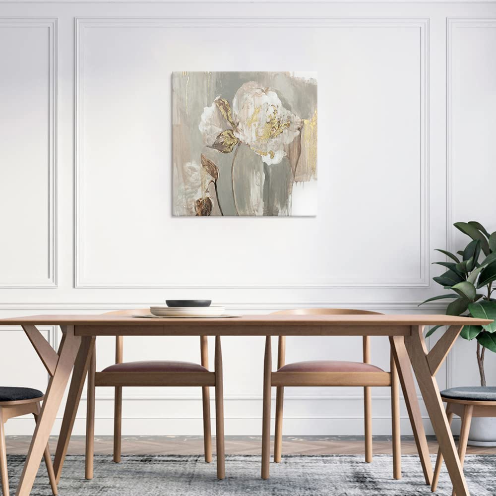 Goldfoilart Floral Wall Art Gold Pictures of White Flower Canvas with Gold Foil Embellishment Paintings Textured Poster Framed Artwork for Living Room Bedroom Office Decorations 24" x 24"