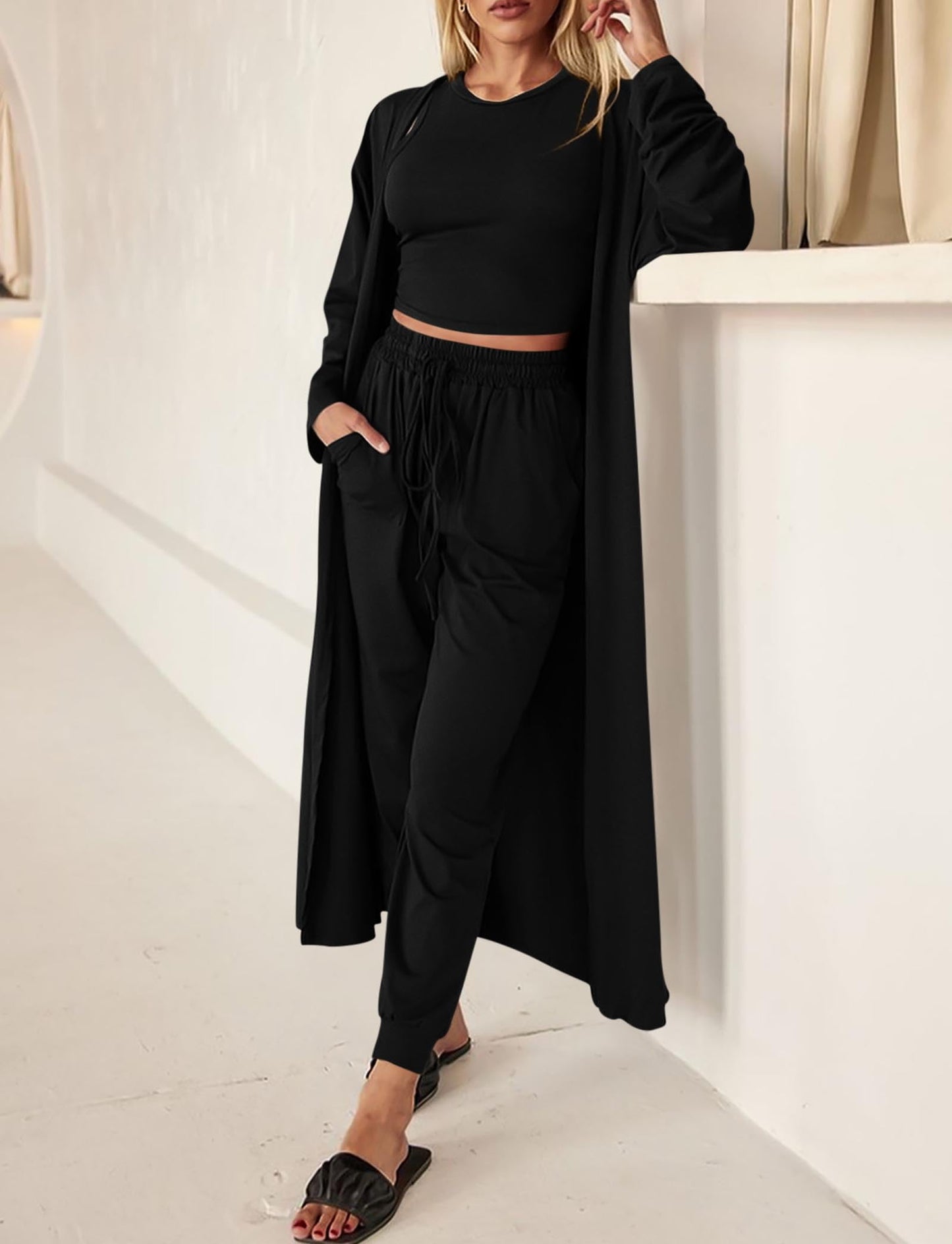 KIRUNDO 3 Piece Lounge Sets for Women Airport Travel Vacation Outfits Spring Cardigan Matching Sleeveless Top Jogger Pants(Black, Large)