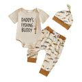 VSQWLZT Newborn Infant Baby Boy Fishing Outfit First Birthday Clothes Short Sleeve Romper + Pants + Hat 3Pcs Set (Khaki, 3-6 Months)