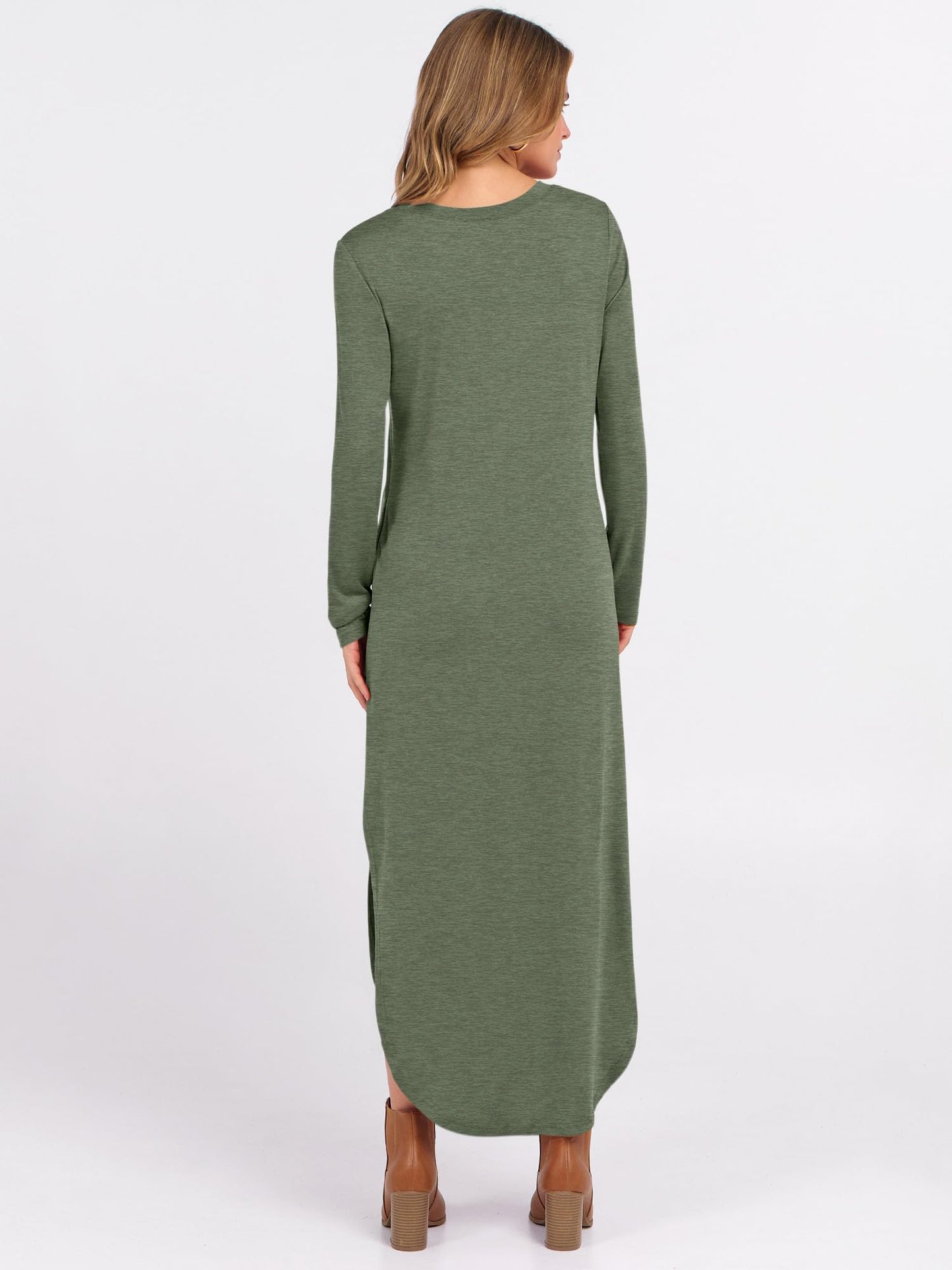 ANRABESS Women's Long Sleeve Maxi Dresses 2025 Fall Outfits Casual Loose Split Travel Vacation T Shirt Dress with Pockets Sage Green Large
