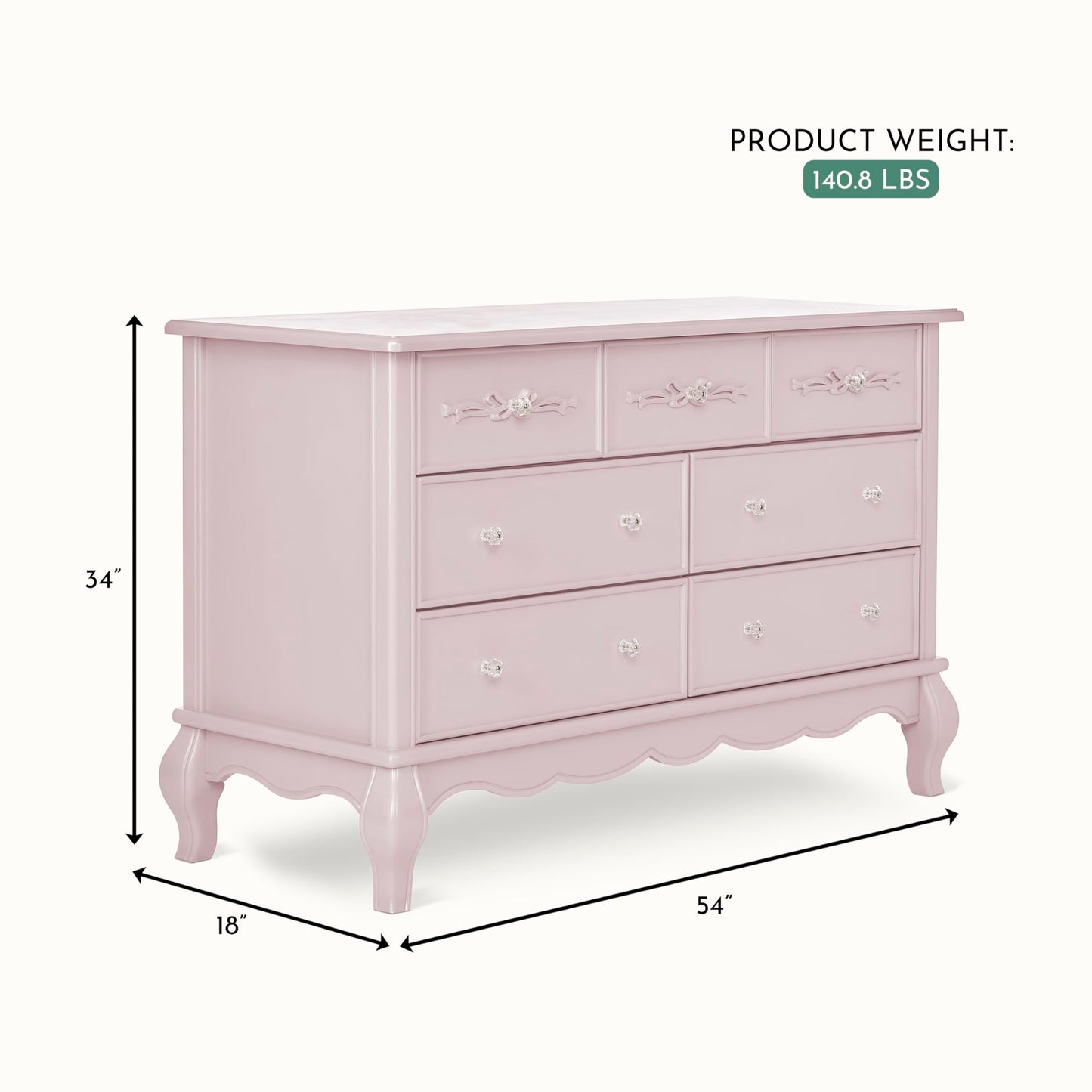 Evolur Aurora 7 Drawer Double Dresser, Dusty Rose