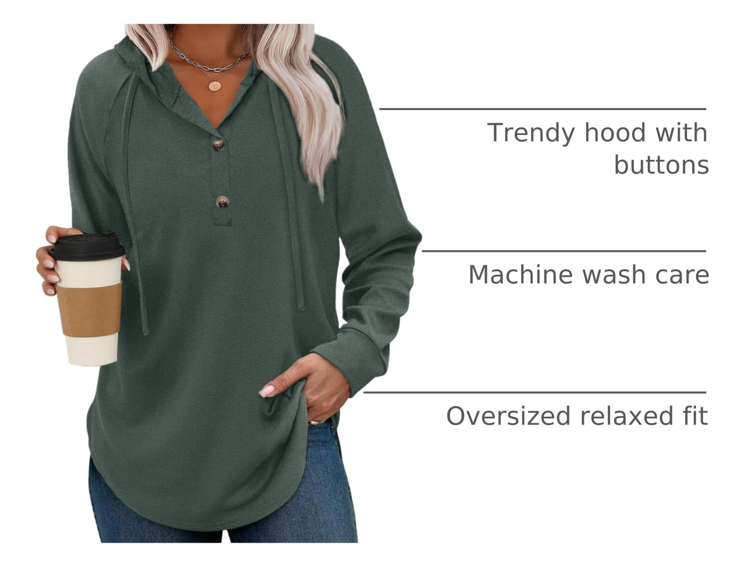 Hoodies for Women Long Sleeve Shirts Fall Fashion V Neck Sweatshirts with Buttons Casual Trendy Pullover Tops Dark Green