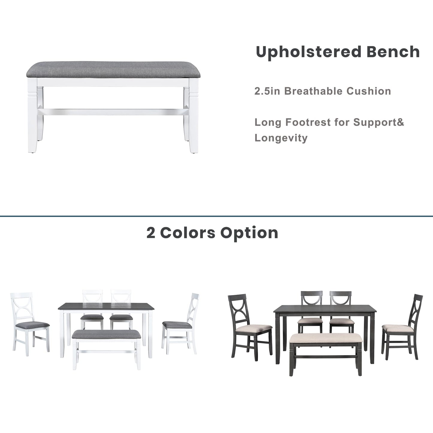 Lostcat Dining Table Set, 6-Piece Wood Kitchen Table Set with Upholstered Bench and 4 Dining Chairs, Farmhouse Style Dining Room Table Set for Kitchen, Living Room, White+Grey