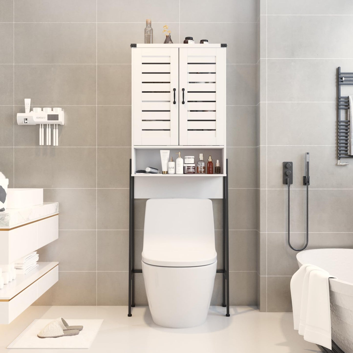 Saedew Over Toilet Storage Cabinet with 2-Door Blinds, Freestanding Space Saver with Organizer, White