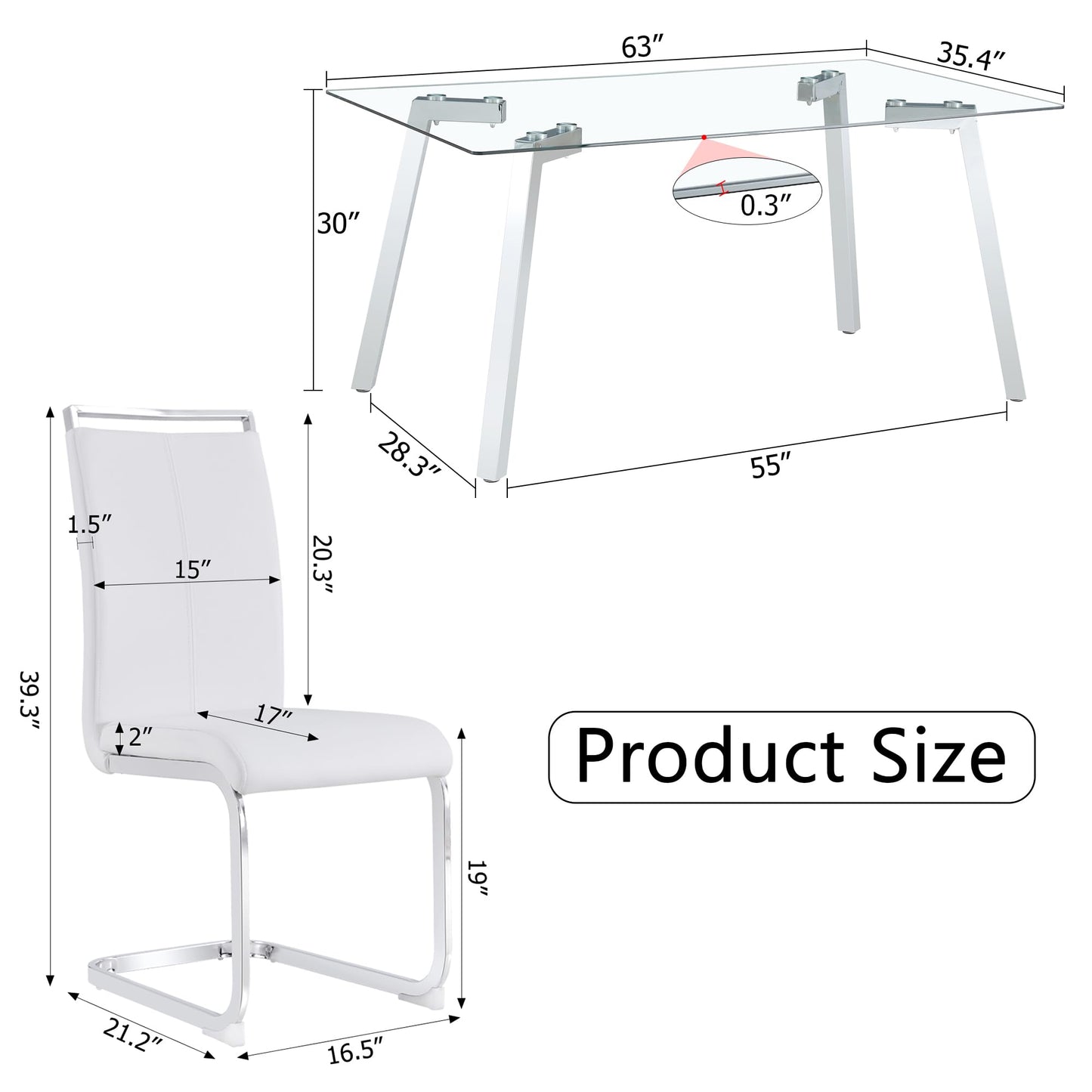 MEMUY 63" Glass Dining Table Set of 6,Ample Tempered Glass Top with Silver Metal Legs,Kitchen Room Table with 6 White Faux Leather Dining Chairs,Dinner Table for Dining Room Office