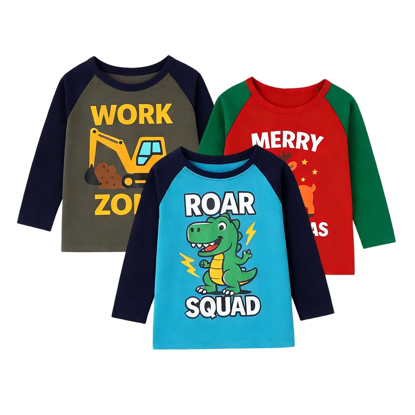 HILEELANG Boys Long Sleeve T-Shirts 3 Pack, Dinosaur Construction Graphic Tee Set, Soft Cotton Crewneck Shirts for Toddler & Little Boys 3T